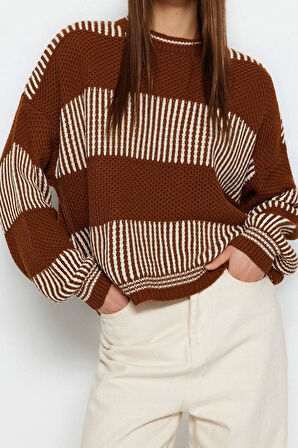 Kadın Modern Tarz Rahat Uzun Bisiklet Yaka Renk Bloklu Kol Regular Triko Kazak