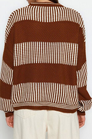 Kadın Modern Tarz Rahat Uzun Bisiklet Yaka Renk Bloklu Kol Regular Triko Kazak