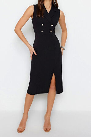 Moda Regular Gündüz Gece Finike Dokuma Ceket Yaka Kolsuz Kol Bodycone Midi Boy Elbise