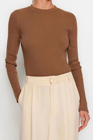 Kadın Modern Tarz Rahat Uzun Bisiklet Yaka Düz Kol Regular Triko Kazak