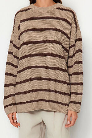 Stil Modern Kadın Regular Standart Kol Bisiklet Yaka Geniş Kalıp Çizgili Triko Kazak