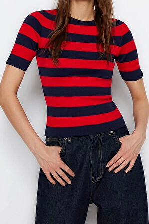 Moda Kare Yaka Triko Slim Çizgili Desen Casual Günlük Regular Kısa Kol Bluz