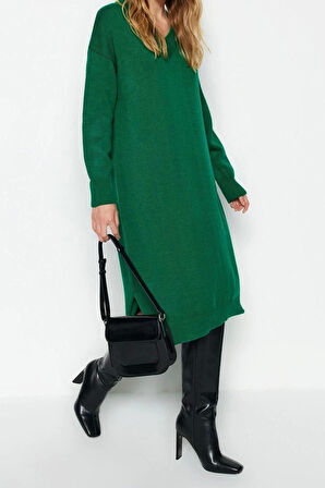 Moda Oversize Casual Günlük Selanik Triko V Yaka Uzun Kol Shift Maxi Boy Elbise