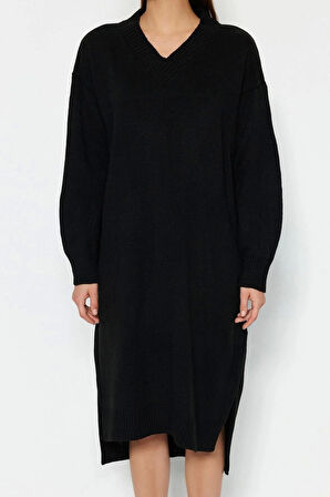 Moda Oversize Casual Günlük Selanik Triko V Yaka Uzun Kol Shift Maxi Boy Elbise