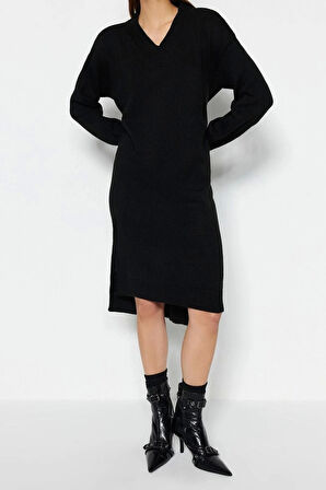 Moda Oversize Casual Günlük Selanik Triko V Yaka Uzun Kol Shift Maxi Boy Elbise