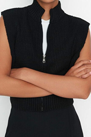 Stil Modern Kadın Crop Standart Kol Dik Yaka Fermuarlı Basic Triko Yelek