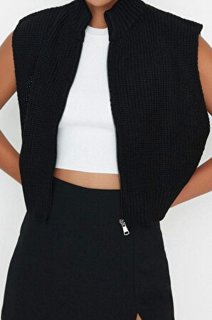 Stil Modern Kadın Crop Standart Kol Dik Yaka Fermuarlı Basic Triko Yelek