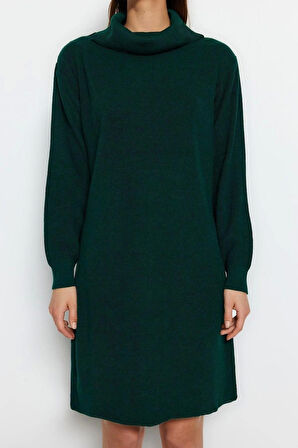 Moda Oversize Casual Günlük Fitilli Triko Balıkçı Yaka Uzun Kol Kazak Elbise Mini Boy Elbise