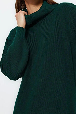 Moda Oversize Casual Günlük Fitilli Triko Balıkçı Yaka Uzun Kol Kazak Elbise Mini Boy Elbise