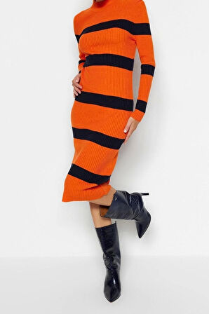 Moda Slim Casual Günlük Tek Plaka Triko Dik Yaka Uzun Kol Bodycone Midi Boy Elbise