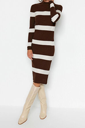 Moda Slim Casual Günlük Tek Plaka Triko Dik Yaka Uzun Kol Bodycone Midi Boy Elbise