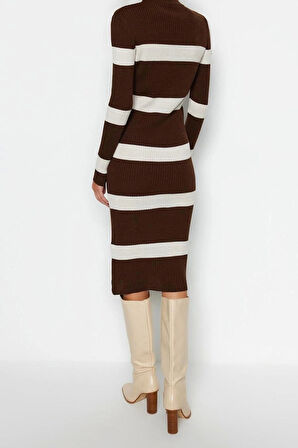 Moda Slim Casual Günlük Tek Plaka Triko Dik Yaka Uzun Kol Bodycone Midi Boy Elbise