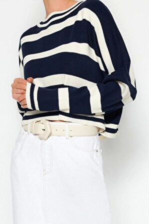 Stil Modern Kadın Crop Düşük Kol Bisiklet Yaka Çizgili Triko Kazak