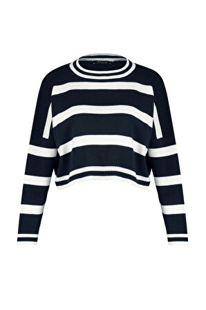 Stil Modern Kadın Crop Düşük Kol Bisiklet Yaka Çizgili Triko Kazak