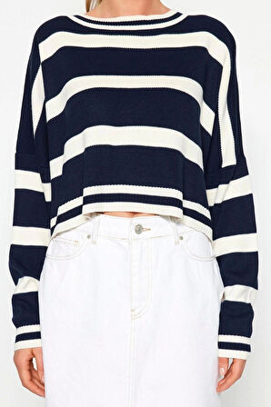 Stil Modern Kadın Crop Düşük Kol Bisiklet Yaka Çizgili Triko Kazak