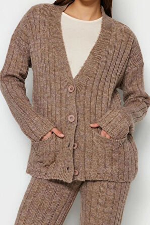 Tarz Kadın Modern Moda Normal Bel Geniş Paça V Yaka Geniş Kalıp Yumuşak Dokulu Triko Alt-Üst Takım