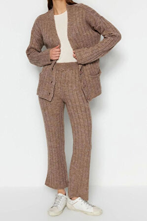 Tarz Kadın Modern Moda Normal Bel Geniş Paça V Yaka Geniş Kalıp Yumuşak Dokulu Triko Alt-Üst Takım