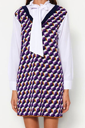 Moda Regular Business Pike Triko V Yaka Uzun Kol Shift Mini Boy Elbise