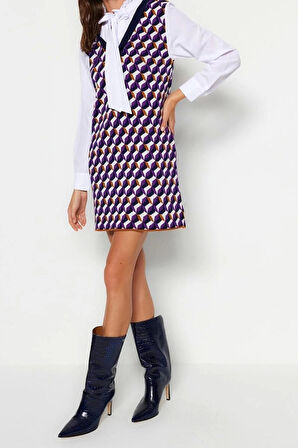 Moda Regular Business Pike Triko V Yaka Uzun Kol Shift Mini Boy Elbise
