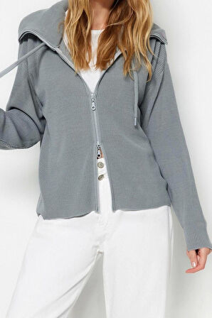 Kadın Modern Tarz Oversize Dik Yaka Regular Triko Hırka