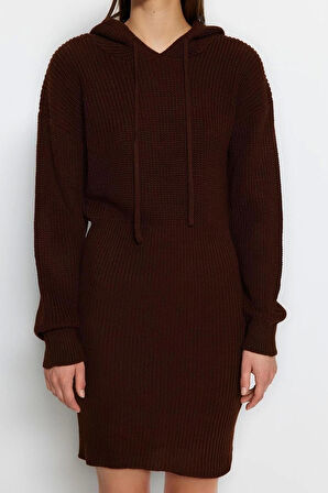 Moda Regular Casual Günlük Dolu İğne Triko Kapüşonlu Uzun Kol Kazak Elbise Mini Boy Elbise