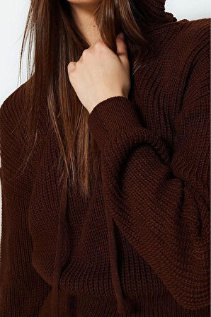 Moda Regular Casual Günlük Dolu İğne Triko Kapüşonlu Uzun Kol Kazak Elbise Mini Boy Elbise