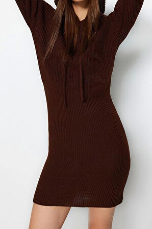 Moda Regular Casual Günlük Dolu İğne Triko Kapüşonlu Uzun Kol Kazak Elbise Mini Boy Elbise