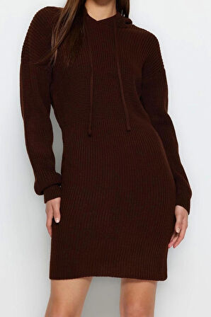 Moda Regular Casual Günlük Dolu İğne Triko Kapüşonlu Uzun Kol Kazak Elbise Mini Boy Elbise