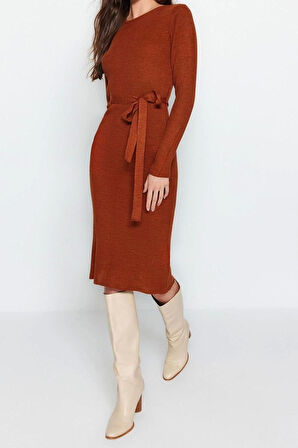 Moda Slim Casual Günlük Fitilli Triko Bisiklet Yaka Uzun Kol A-Line Midi Boy Elbise