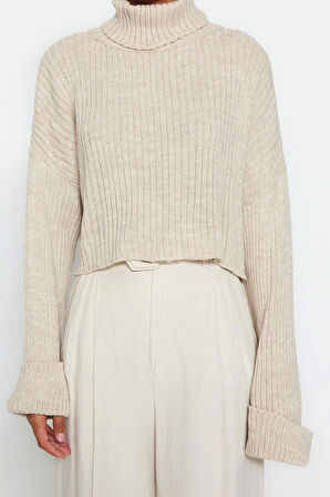 Kadın Modern Tarz Rahat Uzun Balıkçı Yaka Düz Kol Crop Triko Kazak