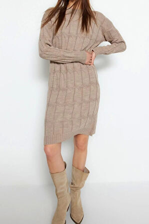 Moda Oversize Casual Günlük Çift Plaka Triko Bisiklet Yaka Uzun Kol Shift Mini Boy Elbise