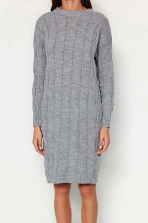 Moda Oversize Casual Günlük Çift Plaka Triko Bisiklet Yaka Uzun Kol Shift Mini Boy Elbise