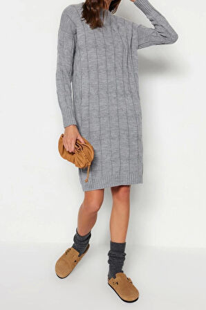 Moda Oversize Casual Günlük Çift Plaka Triko Bisiklet Yaka Uzun Kol Shift Mini Boy Elbise