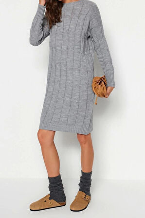 Moda Oversize Casual Günlük Çift Plaka Triko Bisiklet Yaka Uzun Kol Shift Mini Boy Elbise