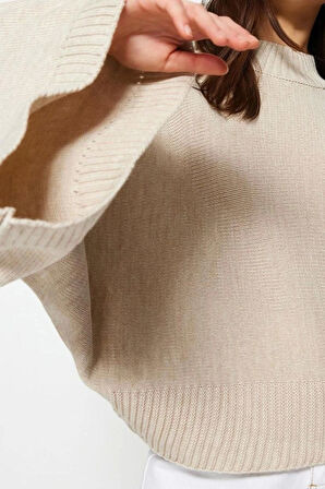 Stil Modern Kadın Regular Düşük Kol Dik Yaka Geniş Kalıp Yarasa Kol Triko Kazak