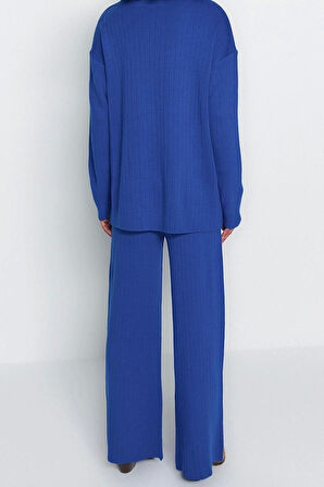 Moda Yüksek Bel Dik Yaka Düşük Kol Günlük Siyah Geniş Kalıp Basic Pantalonlu Triko Alt-Üst Takım