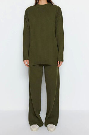 Moda Yüksek Bel Dik Yaka Düşük Kol Günlük Siyah Geniş Kalıp Basic Pantalonlu Triko Alt-Üst Takım