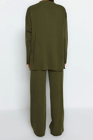 Moda Yüksek Bel Dik Yaka Düşük Kol Günlük Siyah Geniş Kalıp Basic Pantalonlu Triko Alt-Üst Takım