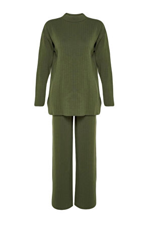 Moda Yüksek Bel Dik Yaka Düşük Kol Günlük Siyah Geniş Kalıp Basic Pantalonlu Triko Alt-Üst Takım