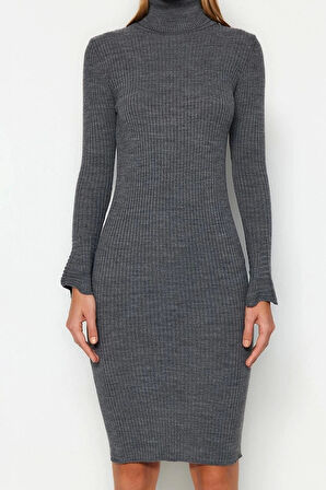 Moda Slim Casual Günlük Fitilli Triko Balıkçı Yaka Uzun Kol Bodycone Mini Boy Elbise