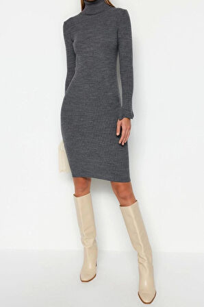 Moda Slim Casual Günlük Fitilli Triko Balıkçı Yaka Uzun Kol Bodycone Mini Boy Elbise