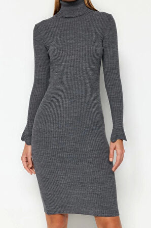 Moda Slim Casual Günlük Fitilli Triko Balıkçı Yaka Uzun Kol Bodycone Mini Boy Elbise