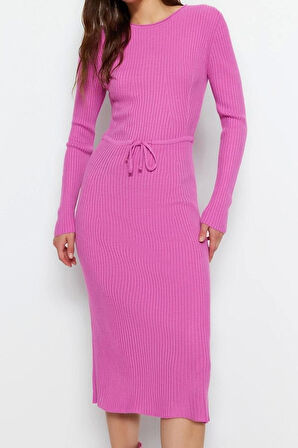 Moda Slim Casual Günlük Tek Plaka Triko Bisiklet Yaka Uzun Kol Bodycone Midi Boy Elbise