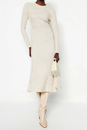 Moda Slim Casual Günlük Tek Plaka Triko Bisiklet Yaka Uzun Kol Bodycone Midi Boy Elbise