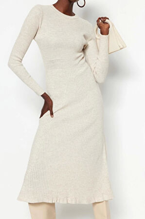 Moda Slim Casual Günlük Tek Plaka Triko Bisiklet Yaka Uzun Kol Bodycone Midi Boy Elbise