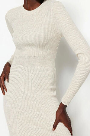 Moda Slim Casual Günlük Tek Plaka Triko Bisiklet Yaka Uzun Kol Bodycone Midi Boy Elbise