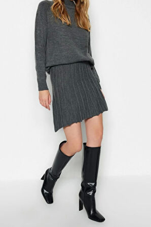 Moda Yüksek Bel Düz Dik Yaka Reglan Kol Casual Günlük Fırfır Detaylı Dik Yaka Triko Alt-Üst Takım
