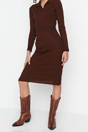 Moda Slim Casual Günlük Fitilli Triko Polo Yaka Uzun Kol Bodycone Midi Boy Elbise