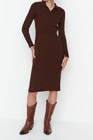 Moda Slim Casual Günlük Fitilli Triko Polo Yaka Uzun Kol Bodycone Midi Boy Elbise
