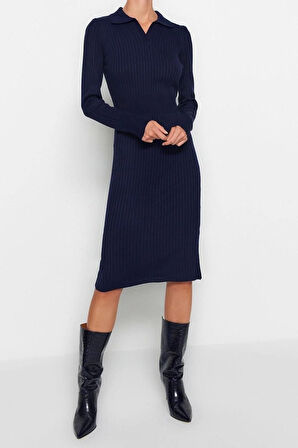 Moda Slim Casual Günlük Fitilli Triko Polo Yaka Uzun Kol Bodycone Midi Boy Elbise